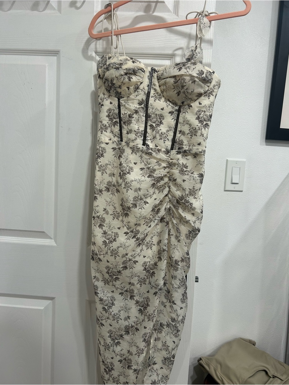 Floral Ruched Bustier Midi Dress in Cream and Brown